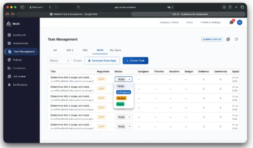 NisAI Task management screen