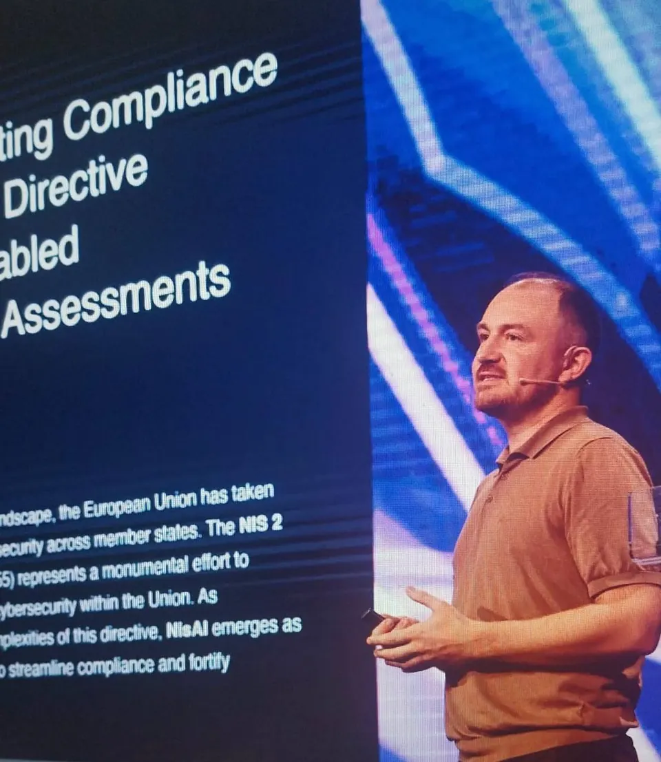 NisAI presenting NIS-2 compliance assessments on stage